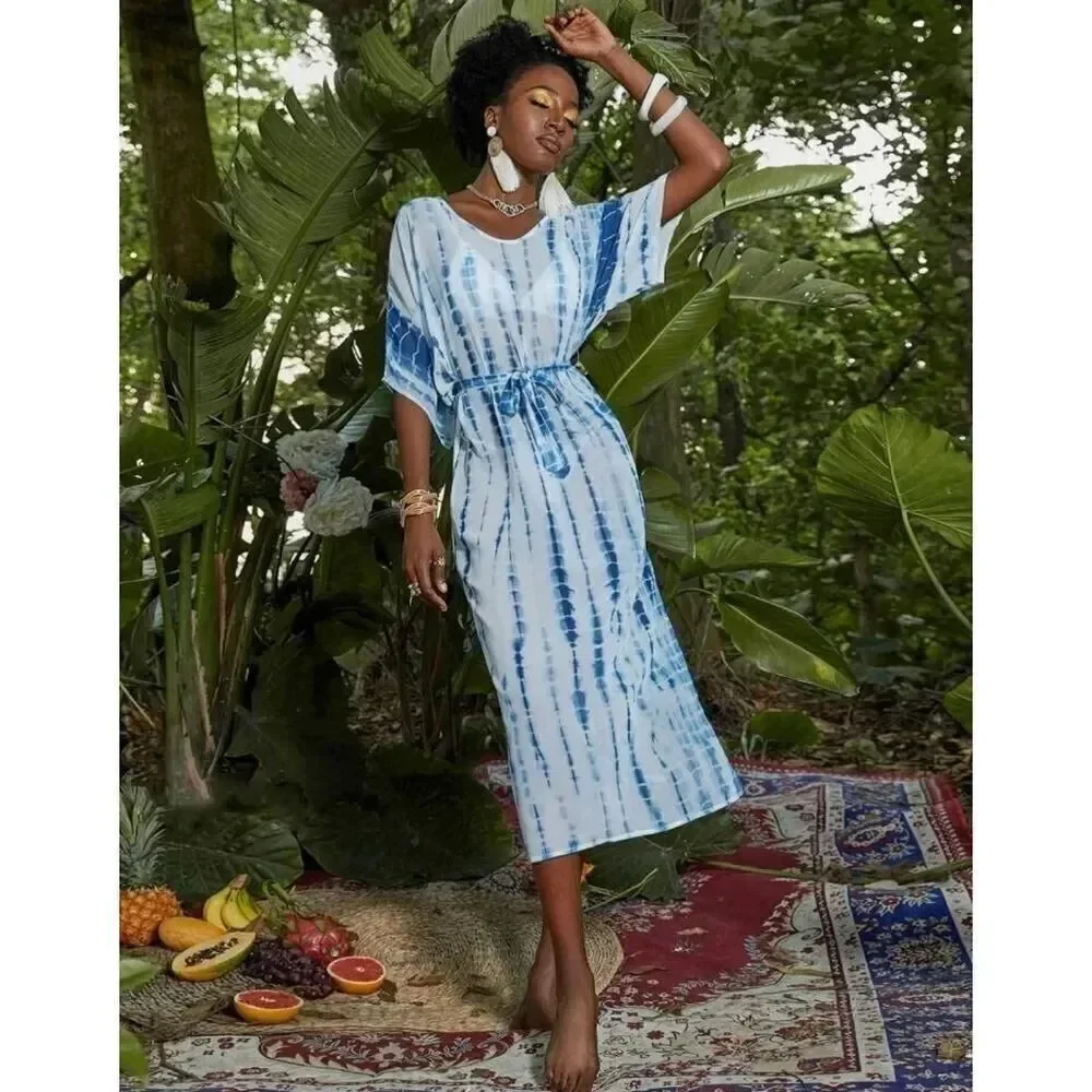 Shein Women's Size Small White Blue Allover Print Belted Swim Cover up Side Slit